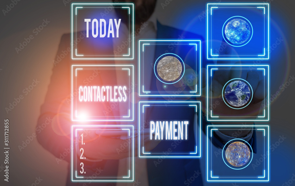 Poster handwriting text writing contactless payment. conceptual photo use near field communication for maki