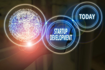 Text sign showing Startup Development. Business photo text efficiently develop and validate scalable business model Elements of this image furnished by NASA