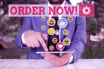 Conceptual hand writing showing Order Now. Concept meaning confirmed request by one party to...