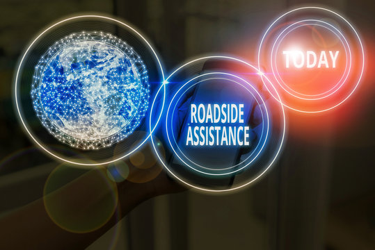 Text sign showing Roadside Assistance. Business photo text helps drivers when their vehicle breaks down on the road Elements of this image furnished by NASA