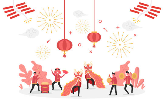Concept Of Chinese New Year Celebration With Tiny People Character Celebrate And Play Lion Dance, Flat Vector Illustration For Web, Landing Page, Ui, Banner, Editorial, Mobile App And Flyer