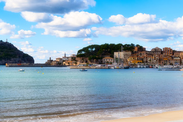 Harbour of Puerto Soller on the northern coast of Majorca on a sunny day, Spain