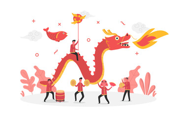 Obraz na płótnie Canvas concept of Chinese new year celebration with tiny people character celebrating and big dragon flying, flat vector illustration for web, landing page, ui, banner, editorial, mobile app and flyer
