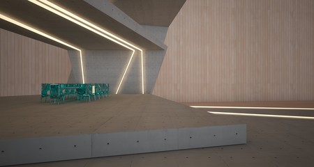 Abstract architectural concrete, wood and glass interior of a minimalist house with swimming pool and neon lighting. 3D illustration and rendering.