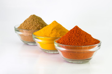 Spice Powder : Chili, Turmeric & Coriander in Bowl isolated on White background.
