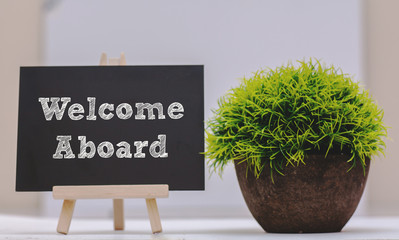 WELCOME ABOARD written on chalkboard with green plant,conceptual copyspace