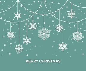 Christmas card with hanging snowflake. Vector flat illustration.