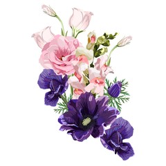 Floral frame with summer spring flowers. Floral bouquet with eustoma, narcissus, anemones, lilac and wildflower. Vintage Greeting Card element with flowers. Watercolor flourish border. 