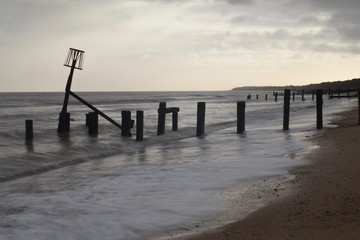 Long exposure photography of the choppy sea at Gorleston-on-sea beach, Norfolk, England, UK.