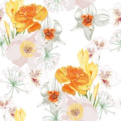 Naklejki  Kwiatowy wzór z narcyzem, rumiankiem (stokrotka), wiosennych kwiatów i liści. Kwitnące pomarańczowe kwiaty na białym tle.