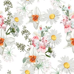 Fototapety  Kwiatowy wzór z narcyzem, rumiankiem (stokrotka), wiosennych kwiatów i liści. Kwitnące kwiaty na białym tle.