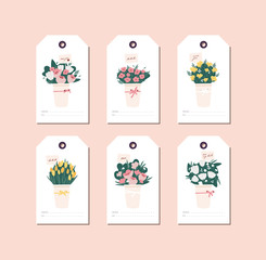 Vector linear design beautiful flowers bouquet on white background. Greeting tags set with typography and colorful icon.