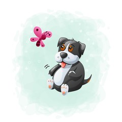 Cartoon Cute Dog Playing with Butterfly Illustration Vector