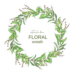 Floral watercolor wreath greenery for design and decoration of cards and invitations.