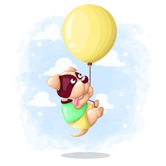 Cartoon Cute Dog Flying with Balloon Illustration Vector