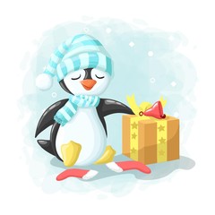 Cartoon Cute Penguin with Gift Box Merry Christmas Illustration Vector