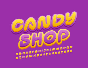 Vector colorful Emblem Candy Shop. Bright Kids Font. Handwritten Uppercase Font.