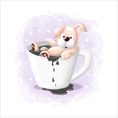 Cartoon Cute Dog Soaking in the Coffee Illustration Vector