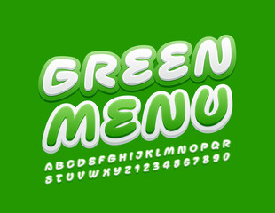 Vector creative Sign Green Menu. Handwritten Uppercase Font. Bright Rotated Alphabet Letters and Numbers. 