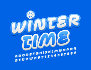 Vector bright Logo Winter Time. Cute Kids Font. Blue and White Alphabet Letters and Numbers