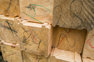 Timber production, Wooden planks on timber yard, warehouse or sawmill