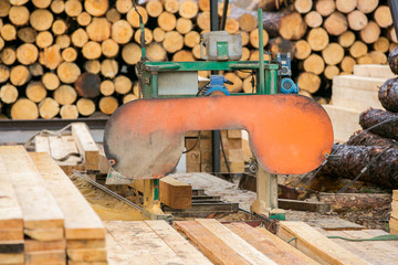Timber production, Wooden planks on timber yard, warehouse or sawmill