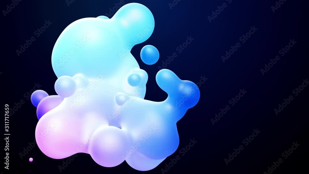 Poster 3d abstract background, droplets of molten wax with internal blue glow merge and fly apart in liquid