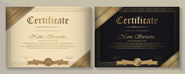 Certificate of achievement template in vector with applied Thai line in yellow gold tone - Vector - obrazy, fototapety, plakaty
