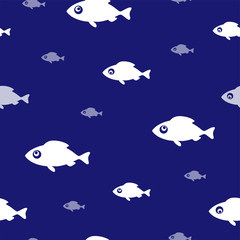 Fishing background. Seamless pattern with funny white fish on blue. Vector illustration.