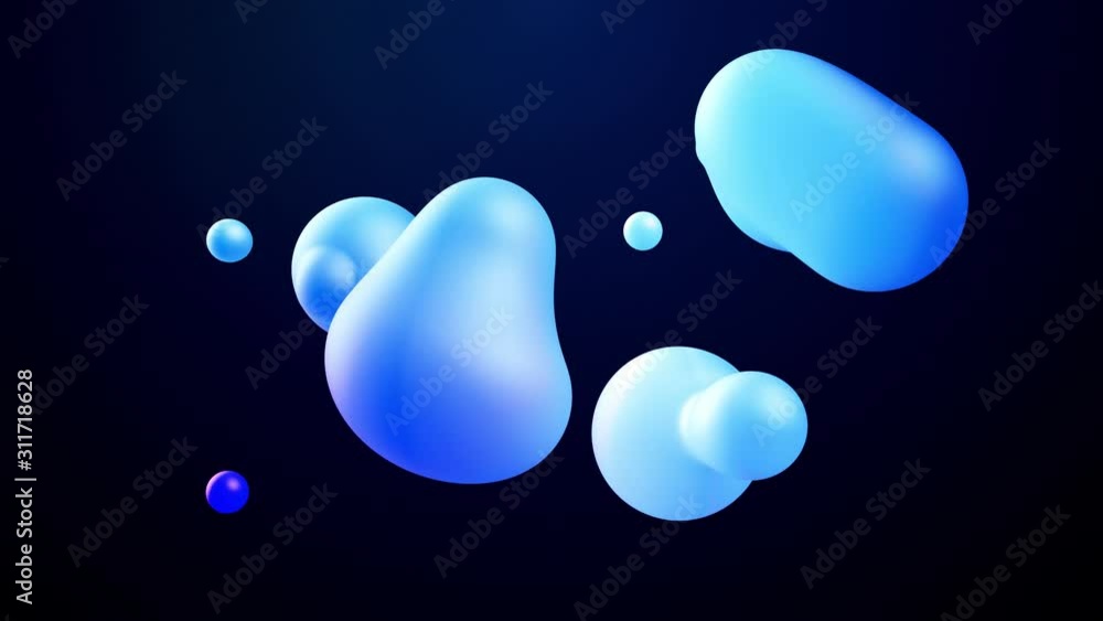 Aufkleber 3d abstract background, droplets of molten wax with internal blue glow merge and fly apart in liquid