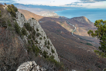 A beautiful seascape view from the top of Paragilmen Mountain on the southern coast of Crimea. Alushta and Mount Kastel in sight.