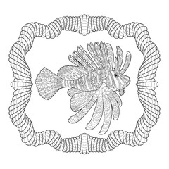 Coloring page with lion fish in patterned style.