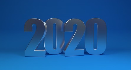 2020 new year metal text on blue background. 3d render