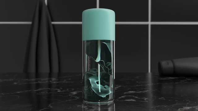 3d design of antiseptic gel or lotion in the bathroom entourage. Cgi of weightless/antigravity transparent cosmetic product inside of the plastic/glass container. Beauty minimal black style trend.