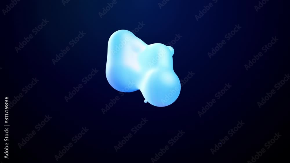 Poster 3d abstract background, droplets of molten wax with internal blue glow merge and fly apart in liquid