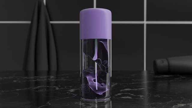 3d design of antiseptic gel or lotion in the bathroom entourage. Cgi of weightless/antigravity transparent cosmetic product inside of the plastic/glass container. Beauty minimal black style trend.
