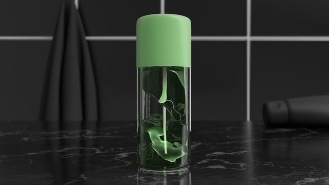 3d design of antiseptic gel or lotion in the bathroom entourage. Cgi of weightless/antigravity transparent cosmetic product inside of the plastic/glass container. Beauty minimal black style trend.