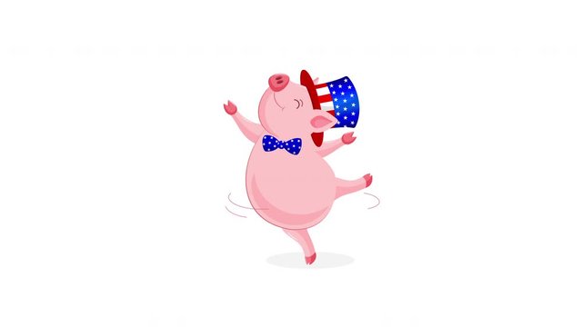 Set of Cute cartoon pig with American hat. 4th of July. Happy Independence Day. Animation on white background.