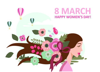 March 8, International Women's Day, girl with flowers