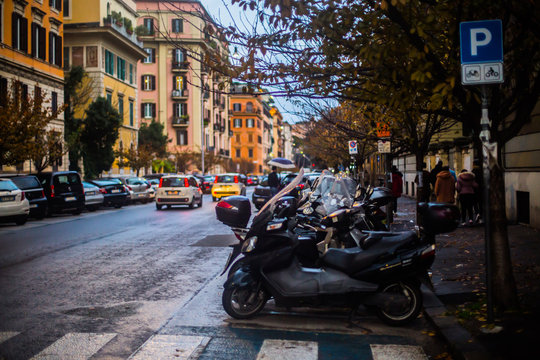 Italy / Rome 14. December 2019 photo of street with parked transport