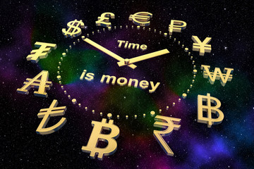 Fototapeta na wymiar Golden dial from currency symbols of different countries with the text - Time is money, against the background of outer space.