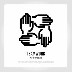 Teamwork symbol. Four hands holding each other. Business partners, collaboration thin line icon. Vector illustration.