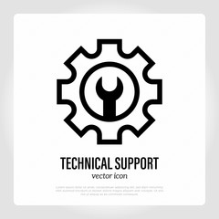 Technical support thin line icon. Wrench in cogwheel. Configuration preferences. Vector illustration.