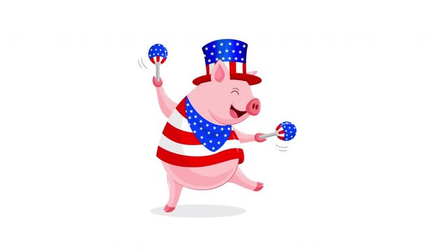 Funny cartoon pig characters with American costume and maracas.  4th of July. Happy Independence Day. Animation on white background.