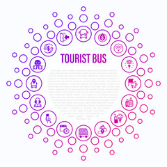 Tourist bus concept in circle shape. Thin line icons: free wi-fi, schedule, emergency exit, tourist route, departure point, socket, audio guide, luggage, refund, double decker. Vector illustration.