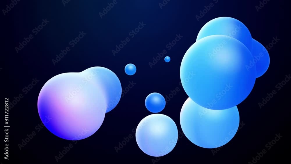 Poster 3d abstract background, droplets of molten wax with internal blue glow merge and fly apart in liquid