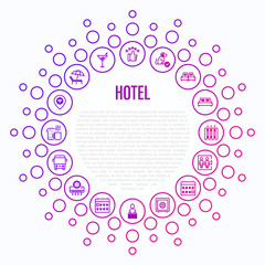 Hotel concept in circle shape. Thin line icons: rating, pet allowed, single bed, double bed, elevator, arrival date, departure date, heating, air conditioner, reception, wi-fi. Vector illustration