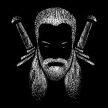 This is a vector drawing of a man with white or gray long hair. He has a mustache and a beard. This is a strong warrior.