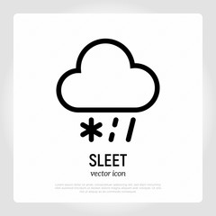 Sleet icon: snowflakes and rain falling from cloud. Weather symbol in flat style. Modern vector illustration.