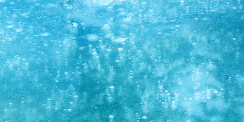 Air bubbles in ice. Winter freeze icy, panoramic view. Frozen bubbles in ice, blue winter algid background, glacial
